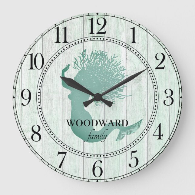 Mermaid Aqua Blue Beach Wood Lake House Large Clock (Front)