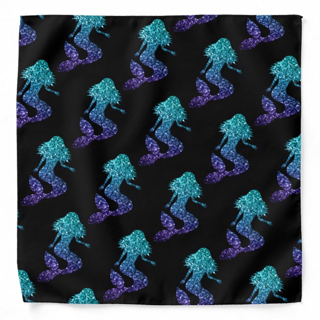 Mermaid aqua blue ombre Sparkles pattern black Bandana (Front)