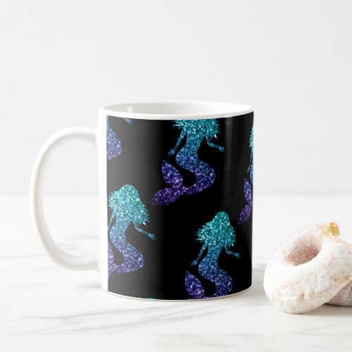 Mermaid aqua blue ombre Sparkles pattern black Coffee Mug