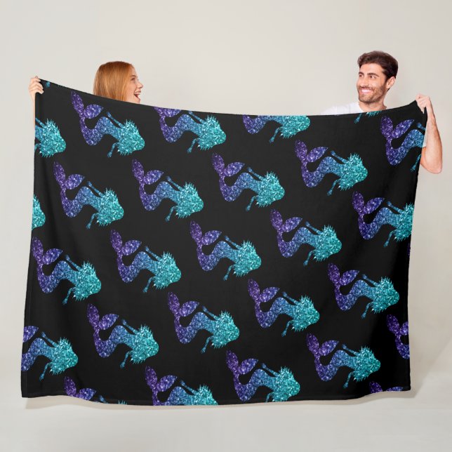 Mermaid aqua blue ombre Sparkles pattern black Fleece Blanket (In Situ)