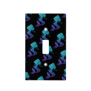 Mermaid aqua blue ombre Sparkles pattern black Light Switch Cover