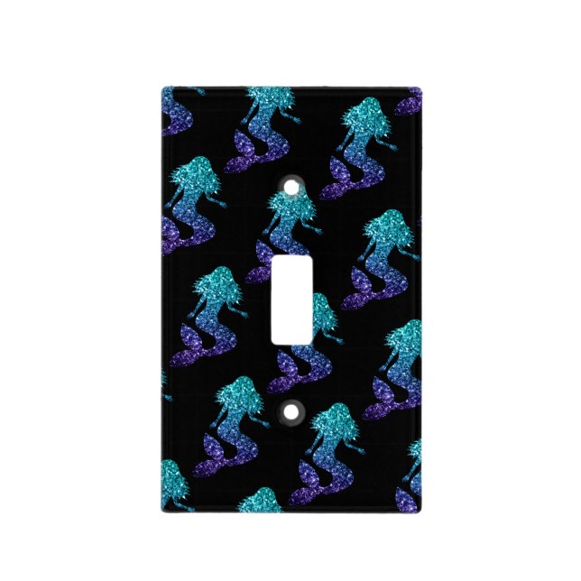 Mermaid aqua blue ombre Sparkles pattern black Light Switch Cover (Front)