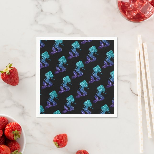 Mermaid aqua blue ombre Sparkles pattern black Napkins (Insitu)