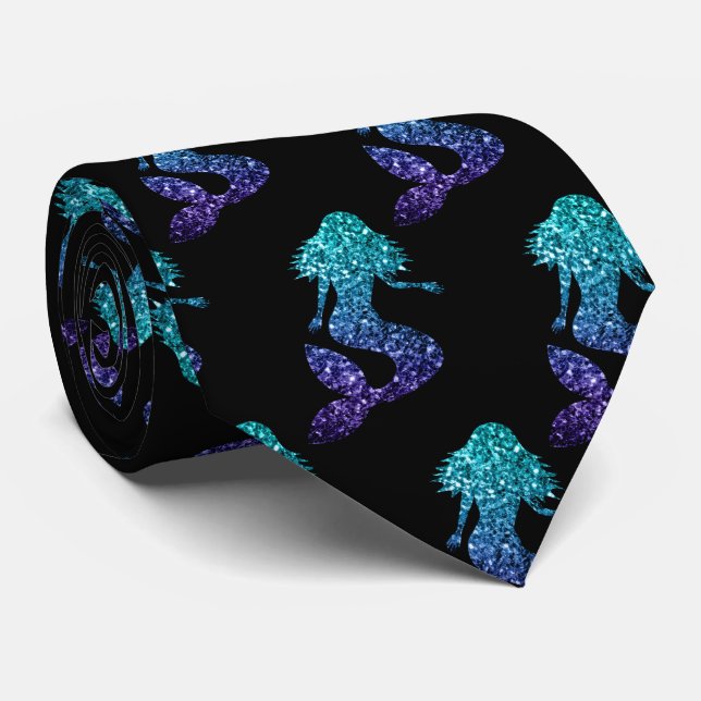 Mermaid aqua blue ombre Sparkles pattern black Neck Tie (Rolled)