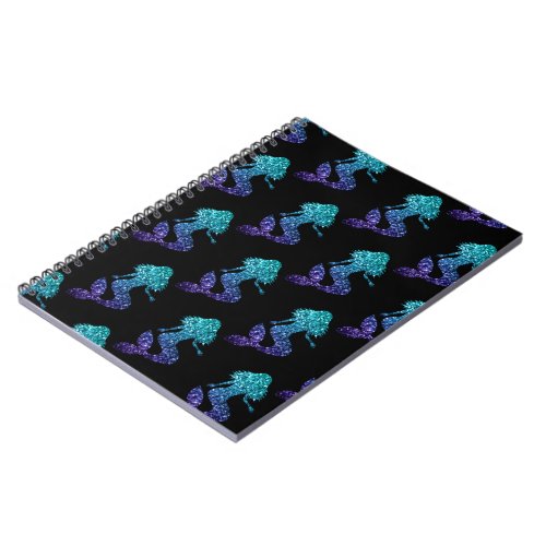 Mermaid aqua blue ombre Sparkles pattern black Notebook