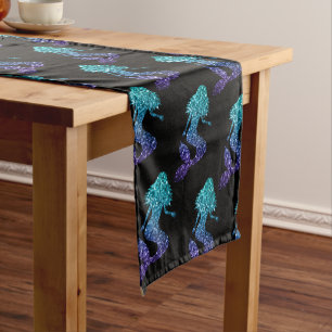 Mermaid aqua blue ombre Sparkles pattern black Short Table Runner
