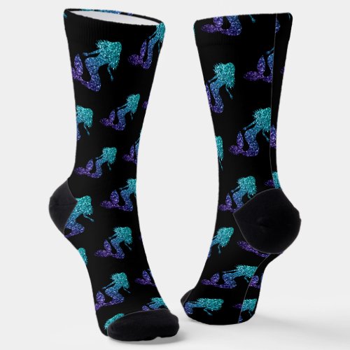 Mermaid aqua blue ombre Sparkles pattern black Socks