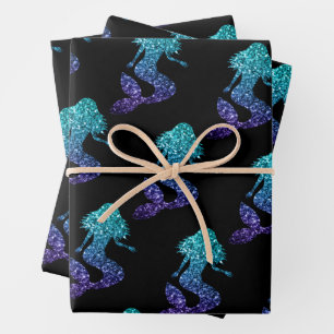 Mermaid aqua blue ombre Sparkles pattern black Wrapping Paper Sheets