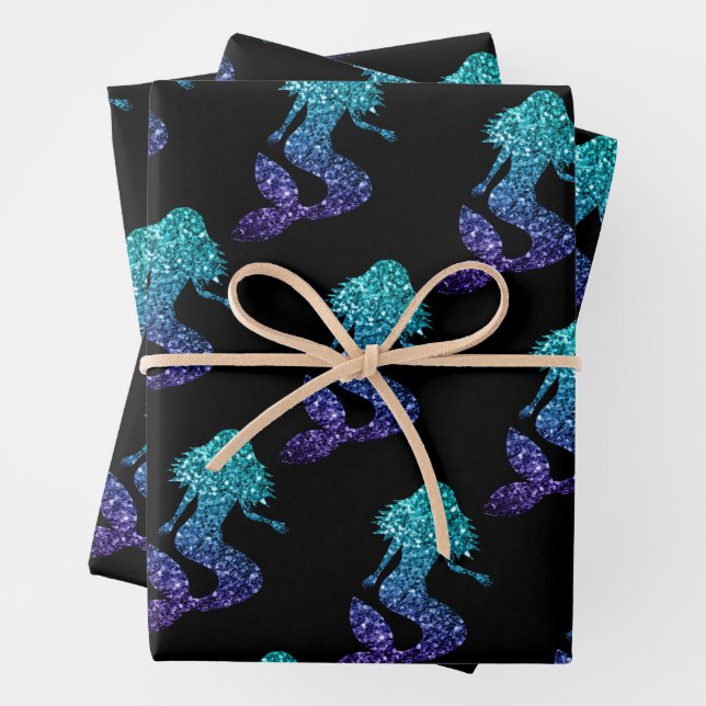 Mermaid aqua blue ombre Sparkles pattern black Wrapping Paper Sheets (In situ)