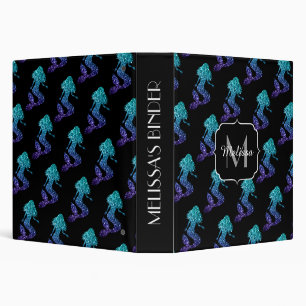 Mermaid aqua blue ombre Sparkles pattern Monogram 3 Ring Binder