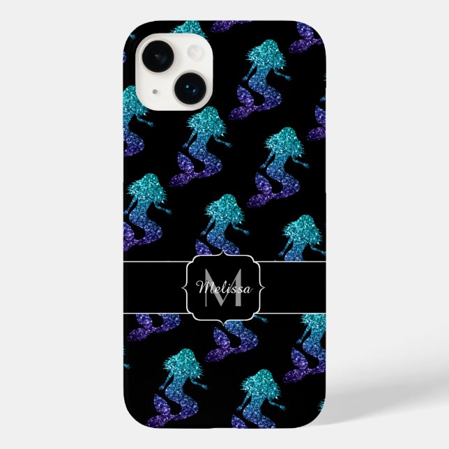 Mermaid aqua blue ombre Sparkles pattern Monogram Case-Mate iPhone Case (Back)