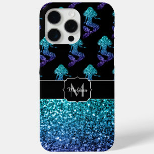 Mermaid aqua blue ombre Sparkles pattern Monogram iPhone 15 Pro Max Case