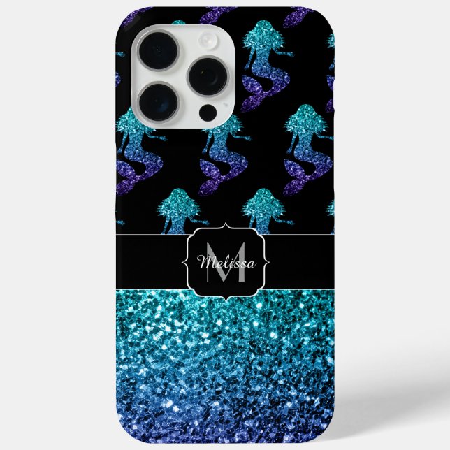 Mermaid aqua blue ombre Sparkles pattern Monogram Case-Mate iPhone Case (Back)