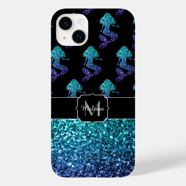 Mermaid aqua blue ombre Sparkles pattern Monogram Case-Mate iPhone Case (Back)