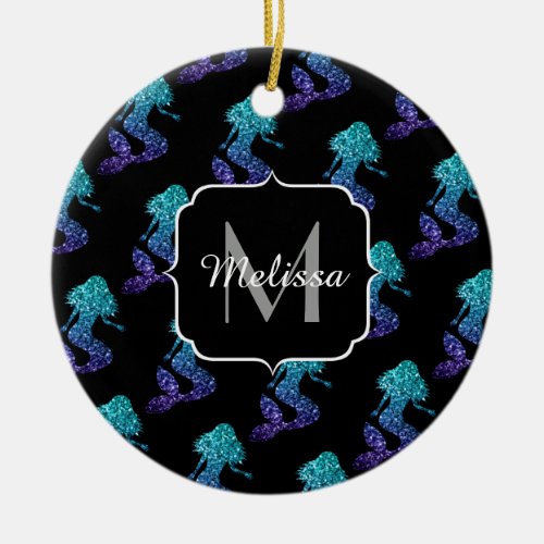 Mermaid aqua blue ombre Sparkles pattern Monogram Ceramic Ornament