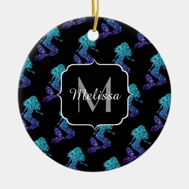 Mermaid aqua blue ombre Sparkles pattern Monogram Ceramic Ornament (Front)
