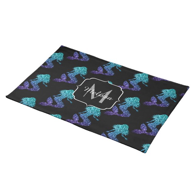 Mermaid aqua blue ombre Sparkles pattern Monogram Cloth Placemat (On Table)