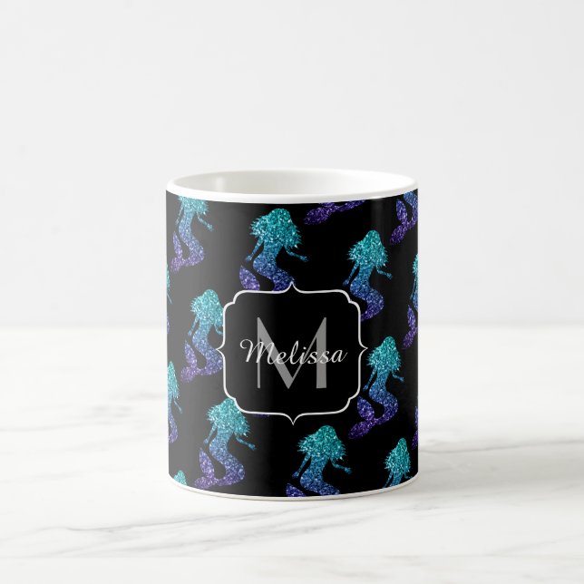 Mermaid aqua blue ombre Sparkles pattern Monogram Coffee Mug (Center)