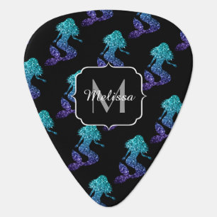 Mermaid aqua blue ombre Sparkles pattern Monogram Guitar Pick