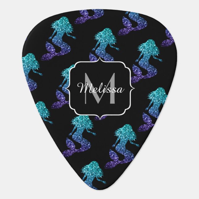 Mermaid aqua blue ombre Sparkles pattern Monogram Guitar Pick (Front)