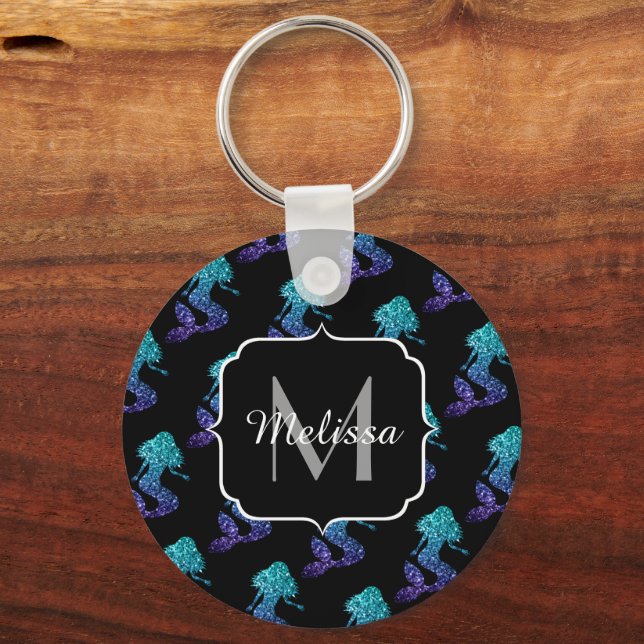 Mermaid aqua blue ombre Sparkles pattern Monogram Keychain (Front)
