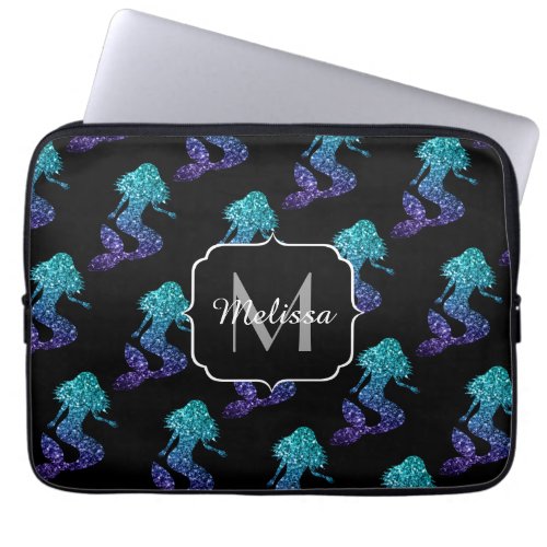 Mermaid aqua blue ombre Sparkles pattern Monogram Laptop Sleeve