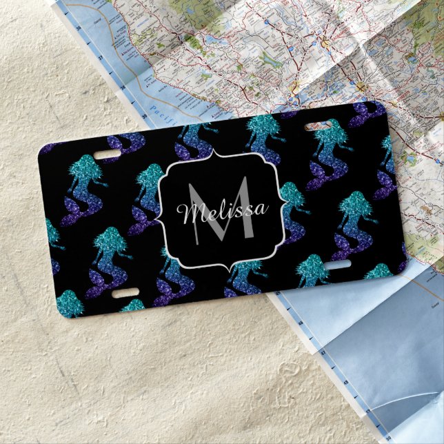 Mermaid aqua blue ombre Sparkles pattern Monogram License Plate (In Situ)