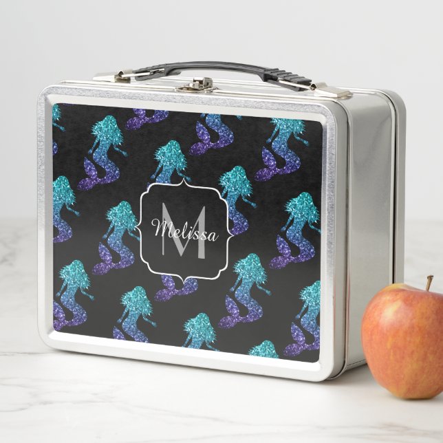 Mermaid aqua blue ombre Sparkles pattern Monogram Metal Lunch Box (In Situ)