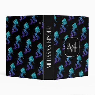 Mermaid aqua blue ombre Sparkles pattern Monogram Mini Binder