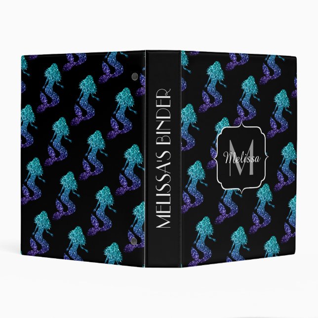 Mermaid aqua blue ombre Sparkles pattern Monogram Mini Binder (Background)