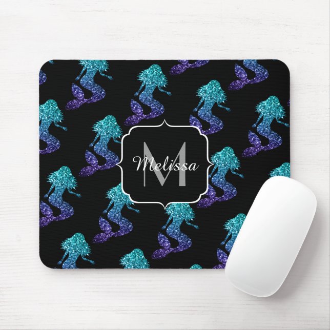 Mermaid aqua blue ombre Sparkles pattern Monogram Mouse Pad (With Mouse)