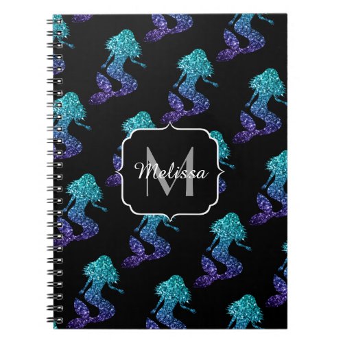 Mermaid aqua blue ombre Sparkles pattern Monogram Notebook