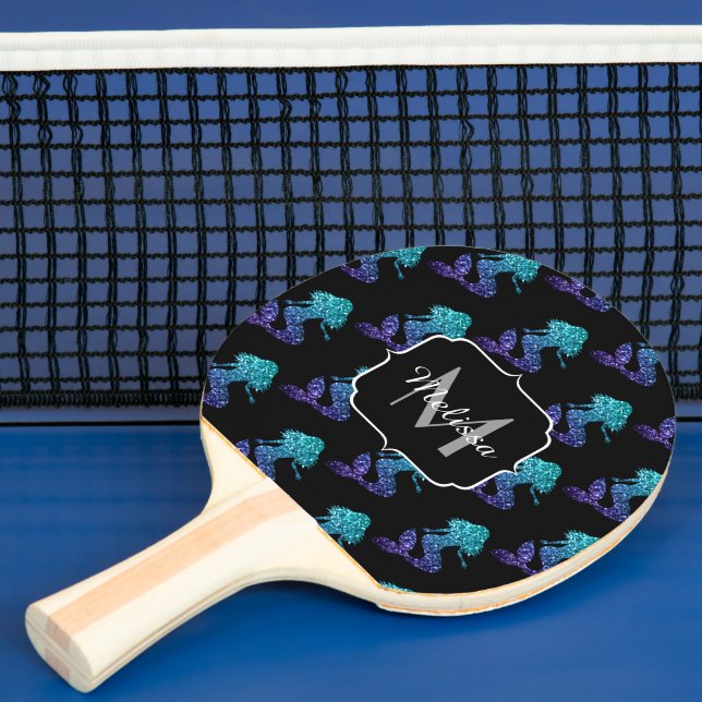 Mermaid aqua blue ombre Sparkles pattern Monogram Ping Pong Paddle (Insitu)