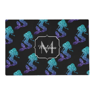 Mermaid aqua blue ombre Sparkles pattern Monogram Placemat