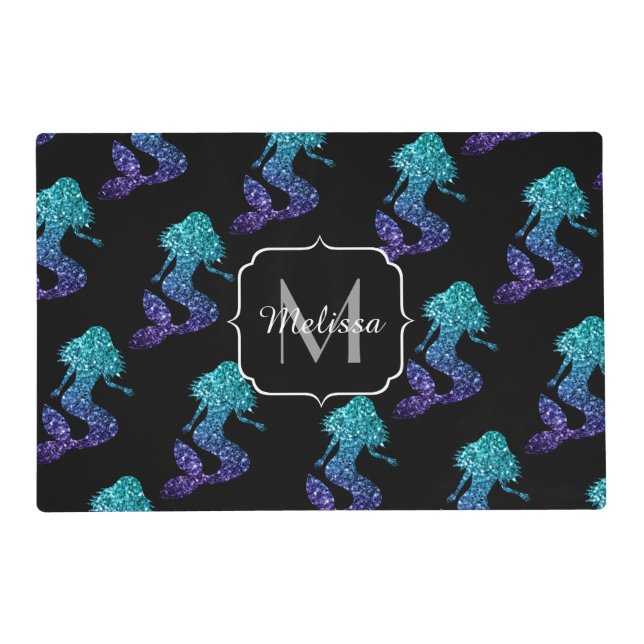 Mermaid aqua blue ombre Sparkles pattern Monogram Placemat (Front)