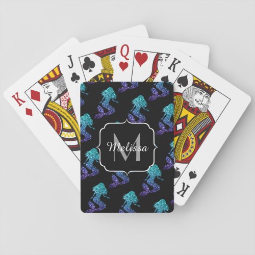 Mermaid aqua blue ombre Sparkles pattern Monogram Poker Cards