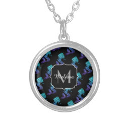 Mermaid aqua blue ombre Sparkles pattern Monogram Silver Plated Necklace
