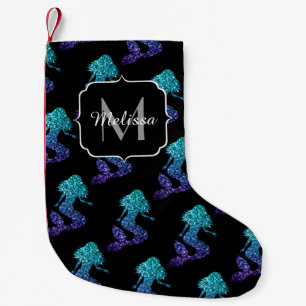 Mermaid aqua blue ombre Sparkles pattern Monogram Small Christmas Stocking
