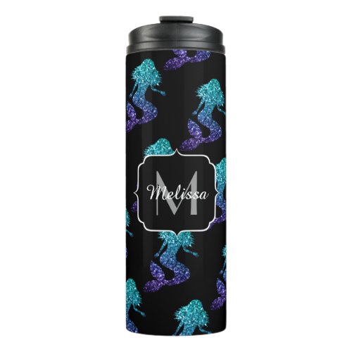 Mermaid aqua blue ombre Sparkles pattern Monogram Thermal Tumbler