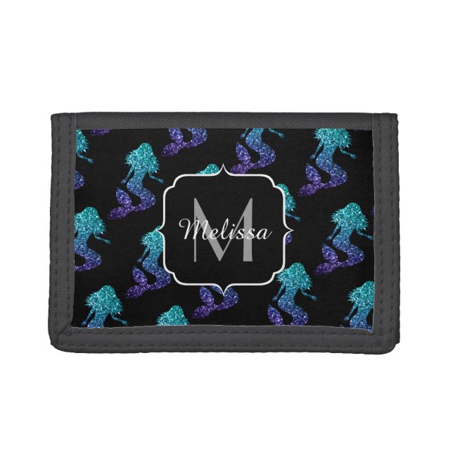 Mermaid aqua blue ombre Sparkles pattern Monogram Trifold Wallet (Front)