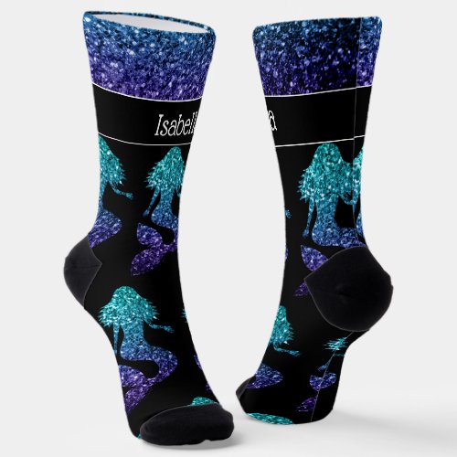Mermaid aqua blue ombre Sparkles pattern Your name Socks