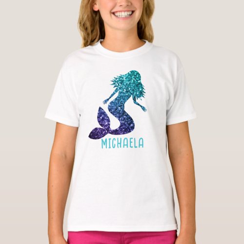 Mermaid aqua blue ombre Sparkles Your name T_Shirt