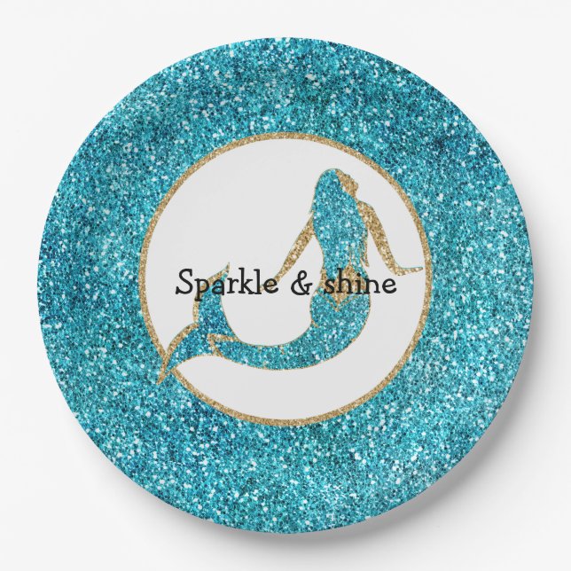Mermaid Aqua Gold Glitz Glitter Paper Plates (Front)