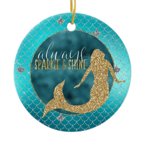 Mermaid Aqua Gold Silver Sparkle Glitter  Ceramic Ornament