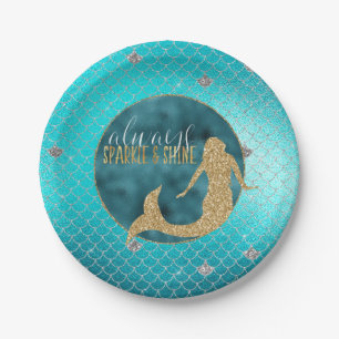 Mermaid Aqua Gold Silver Sparkle Glitter Paper Plates