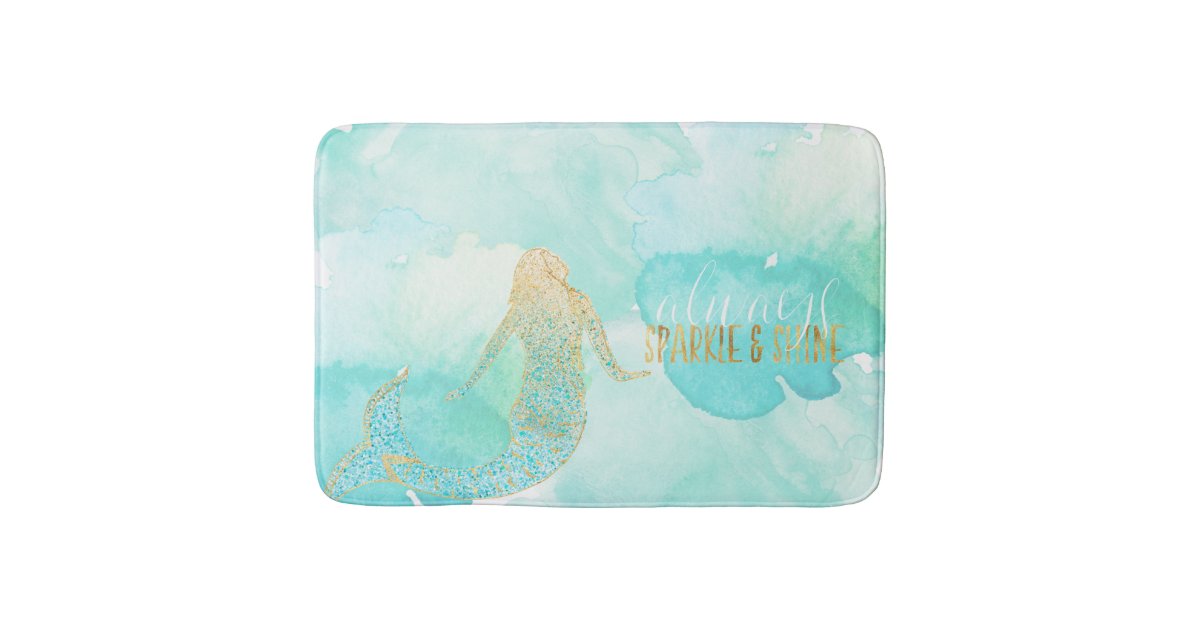 Mermaid Aqua Gold Sparkle Bath Mat Zazzle