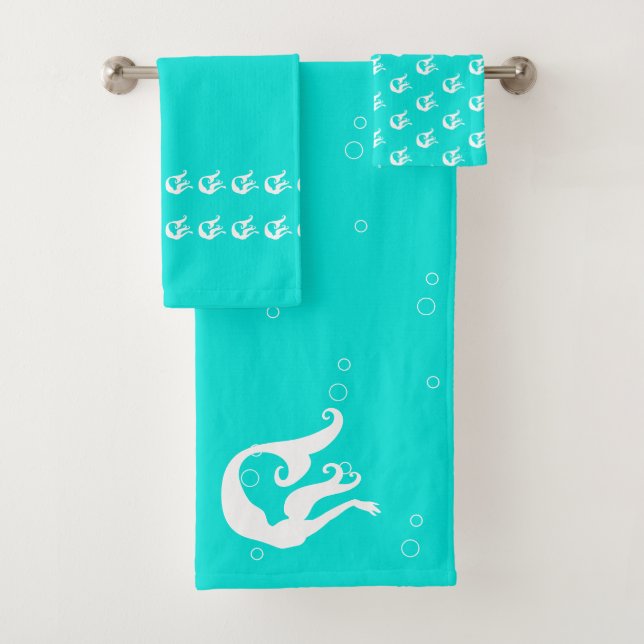 Mermaid Aqua Teal Blue and White Bath Towel Set (Insitu)