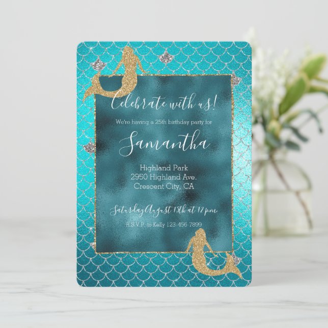 Mermaid Aqua Teal Gold Silver Sparkle Glitter Invitation (Standing Front)