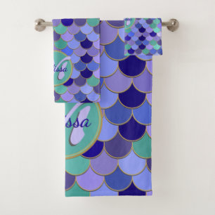 Mermaid Aqua Teal Purple Blue Monogram + Name Bath Towel Set