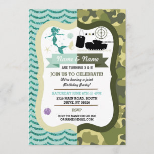 Mermaid & Army Boy Girl Birthday Shared Party Invitation